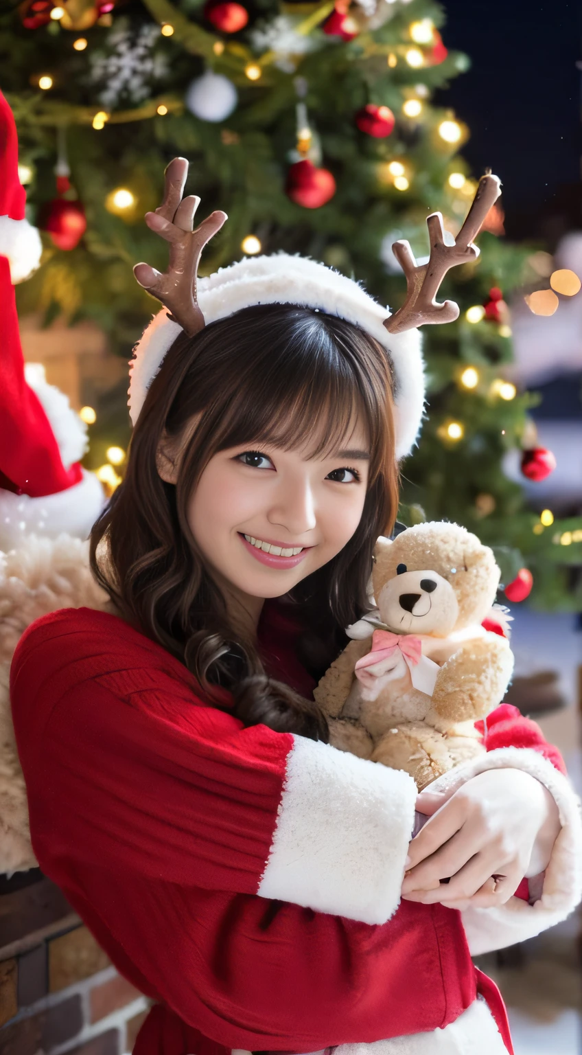 (Best Quality,4K,hight resolution,masutepiece:1.2),Realistic,Christmas,girl,Hugging a big teddy bear,stuffed animal,Wear warm clothes,Snow falling in the background,Winter wonderland,Joyful expression,Magical atmosphere,Soft lighting,Vivid colors,Happiness,laught,Welcoming environment,Warmth,Smiling eyes,Curly hair,Shimmering decoration,Twinkling lights,wrapped present,Rooftop with Santa Claus and reindeer flying in the distance,magic snowflake,christmas tree with ornaments,log cabin,curl up near the fireplace,hot chocolate with marshmallows,Peace and quiet,Excitement and anticipation,Snowy landscape,Enchanted moments,Playful laughter,Upholstered stockings,Holiday spirit,love and togetherness.thighs thighs thighs thighs、off shoulders