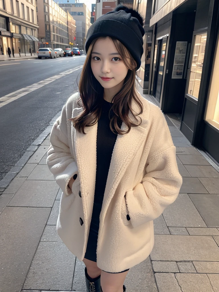 Beautiful brunette, Woman in a short fur coat standing on the city sidewalk, Sophisticated young woman in a black fur coat, woman wears a short fur coat, Attractive woman, women's pictures, Wear a black hoodie under your coat,woman wearing a knitted hat, well lit professional photo, Wear a luxurious jacket, Black jacket, gorgeous full body portrait,Short boots,High heels 60mm portrait,  Wearing a short coat, Very detailed, 20yr old, Innocent face, Short Bob Cut Hair, Natural wavy shape, eyes are brown, High resolution, masutepiece, Best Quality, Intricate details, Highly detailed, Sharp Focus, Detailed skin, Realistic skin texture, Texture, Detailed eyes, Professional, 4K, Charming smile, shot in Canon, 85 mm, Shallow depth of field, Kodak Vision Color, Perfect Fit Body,  Extremely detailed, a picture_\(Ultras\), Photorealistic, Realistic, Post-processing, Maximum Detail, Roughness, Real life, A hyper-realistic, Photorealism, Photography, 8K UHD, Photography