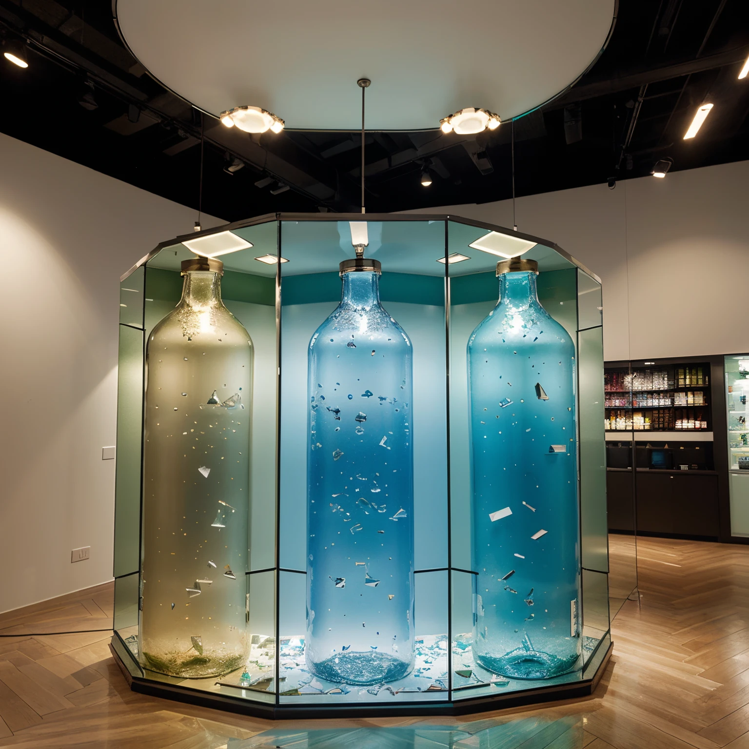 A showroom luminaire made from recycled glass with display stands shaped like glass fragments provides a unique and eco-friendly aesthetic, blending modern design with sustainability.