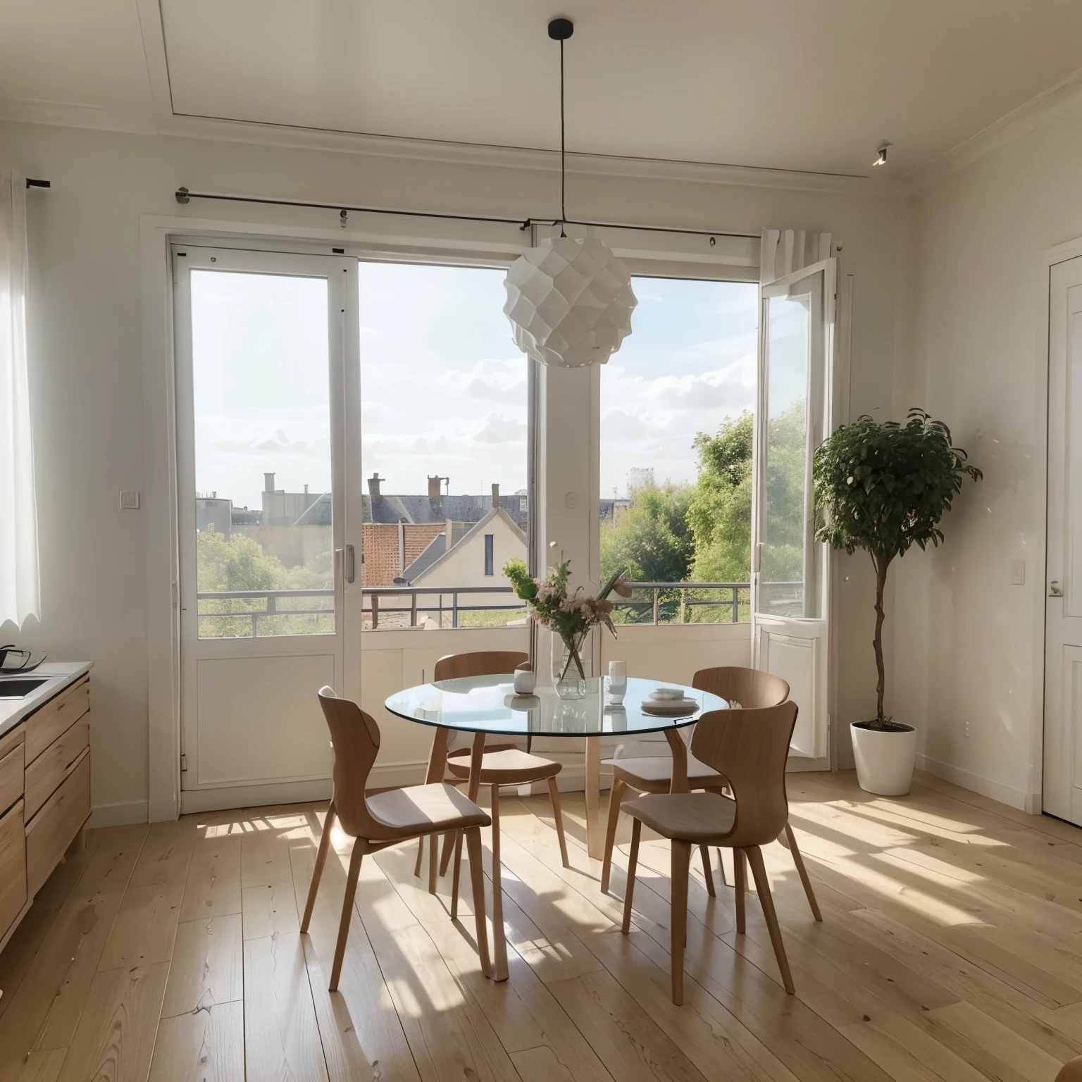 Le showroom est divisé en trois parties distinctes. Dans la première section dédiée à la salle à manger et à l'art de table, des tables en verre avec des nappes élégantes et des chaises transparentes créent une atmosphère aérée. Les présentoirs en plexiglas s'intègrent aux tables, suivant la fragmentation de verre. La deuxième partie présente des revêtements avec des étagères en plexiglas imitant la fragmentation de verre, éclairées pour mettre en valeur les produits. Enfin, la troisième section met en avant les luminaires avec des présentoirs en plexiglas en forme de fragments de verre. Un parquet uniforme au sol relie l'ensemble, et les fenêtres en forme de fragments de verre apportent une lumière naturelle distinctive à chaque zone du showroom.