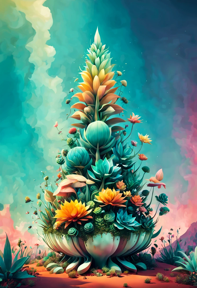 by Dan Matutina, (Magical Plantantasy art, hierarchical form, Gradient of color, Soft color palette, surrealistic, whimsical, ultra-wide-angle, octane render, enhance, intricate, (best quality, masterpiece, Representative work, official art, Professional, unity 8k wallpaper:1.3)