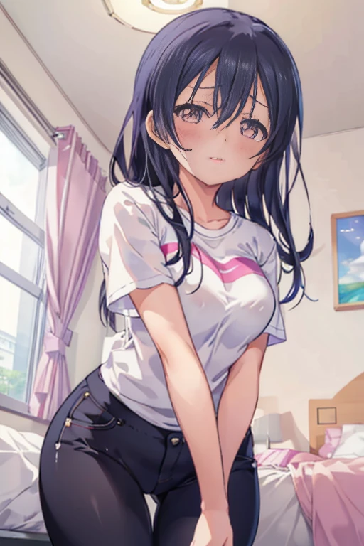 -year-old　flat chest　blacir　lohair　eyes are purple　sleepy look（（1 person））　Upper body plain white T-shirt　lower body white panties　white socks　girl&#39;s room　Room with bright morning sun　Opening the window curtains and looking back at me　（（White panties are visible））　dynamic angle