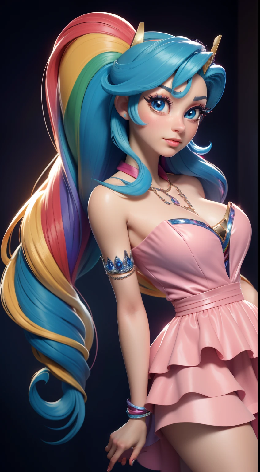 ((best quality)), ((highly detailed)), masterpiece, (detailed eyes, deep eyes), (1girl), dynamic angle, Rainbow Dash, Rainbow Dash of My Little Pony, Rainbow Dash as a girl, length hair, Luxurious hair, Lush hair, feminine, girly, jewelry, makeup, dress, high heels