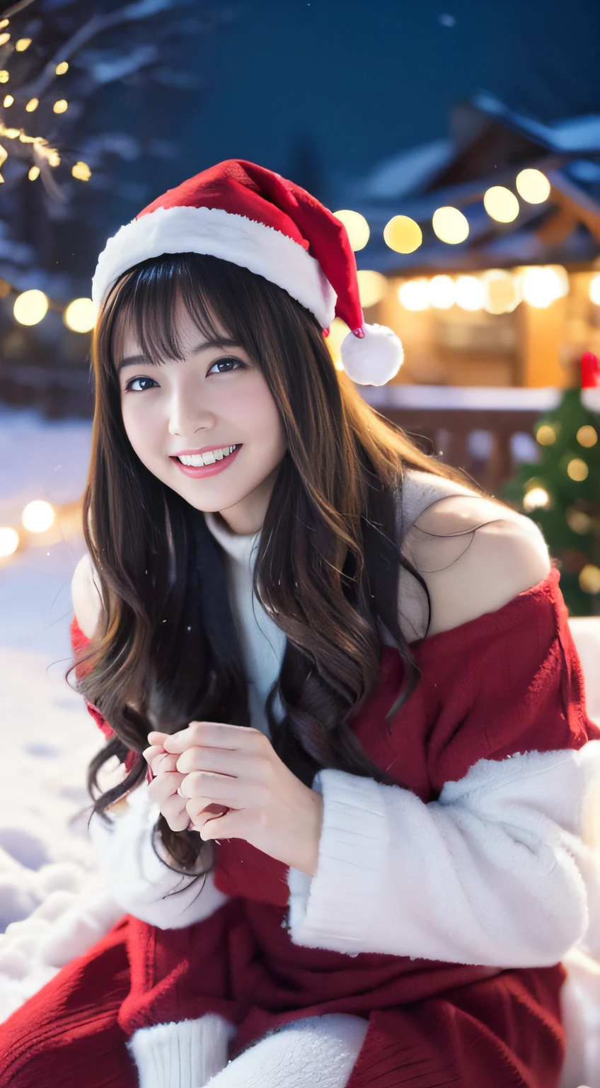 (Best Quality,4K,hight resolution,masutepiece:1.2),Realistic,Christmas,girl,Hugging a big teddy bear,stuffed animal,Wear warm clothes,Snow falling in the background,Winter wonderland,Joyful expression,Magical atmosphere,Soft lighting,Vivid colors,Happiness,laught,Welcoming environment,Warmth,Smiling eyes,Curly hair,Shimmering decoration,Twinkling lights,wrapped present,Rooftop with Santa Claus and reindeer flying in the distance,magic snowflake,christmas tree with ornaments,log cabin,curl up near the fireplace,hot chocolate with marshmallows,Peace and quiet,Excitement and anticipation,Snowy landscape,Enchanted moments,Playful laughter,Upholstered stockings,Holiday spirit,love and togetherness.thighs thighs thighs thighs、off shoulders