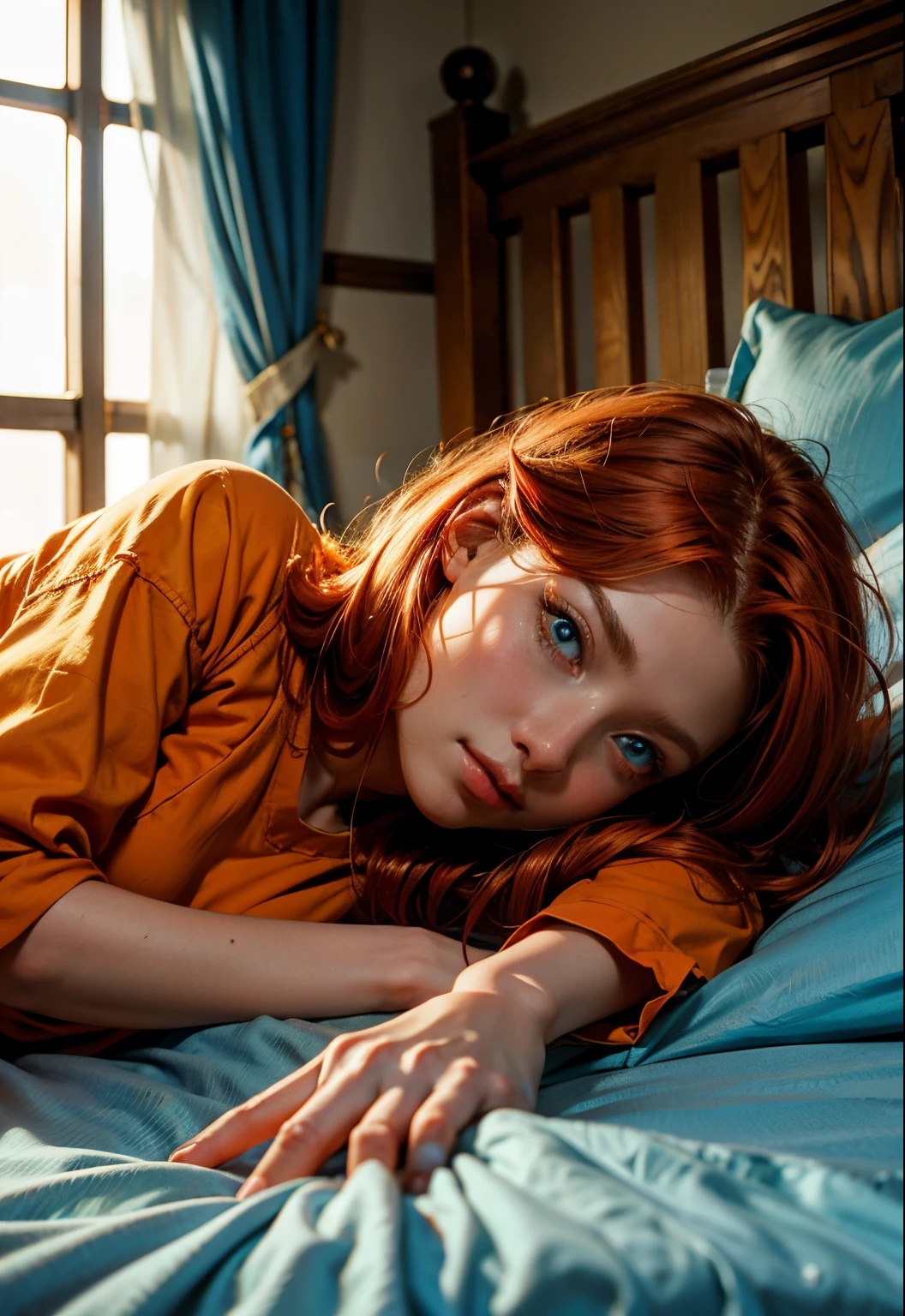 Beautiful red hair, blue eyes, orange clothes, loose hair, American, 19 years old, beautiful woman, prisoner, lying on the bed, cute, 1girl