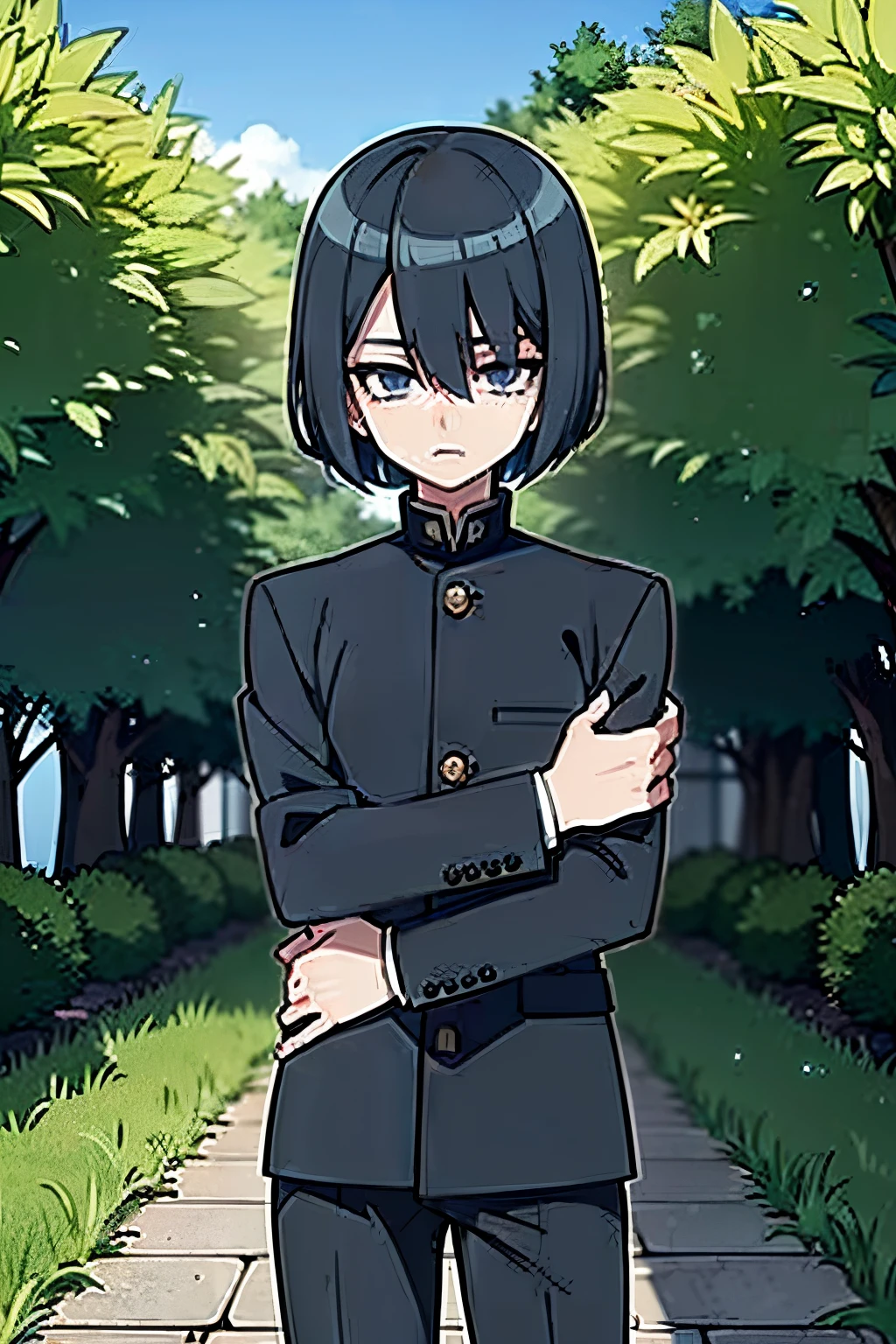 garoto jovem, blue hair, bob hair cut, blue eyes, wearing black student outfits, black gakuran uniform , anime boy, shy face, in a garden, shy face, cute anime pose, hd, masterpiece, best quality, grey filter, 4k, anime, 8k, best quality,