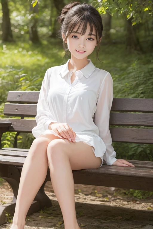 (((​masterpiece))), 超A high resolution, photographrealistic, ultra-detailliert, 8K,top-quality, Extremely detailed, Detailed background, Quiet lakeside bench in the forest, Sit with your legs together, very beautiful japanese girl, Detailed face, I have bangs, (Full body:1.3), (I keep my hair up and short :1.2), (a baby face，Cute，Adorable, 14years), (Perfect body:1.1), large white blouse, Wallpaper, amazing, finely detail, 超A high resolution, Extremely detailed, Neat and clean face，extremely detailed eye and face, Beautiful detailed eyes, highly detailedskin, No makeup, (Natural Skin)，Show me your beautiful teeth，Bursting smile, hair scrunchie, ((accurate hands without incongruity，Precise feet without discomfort))