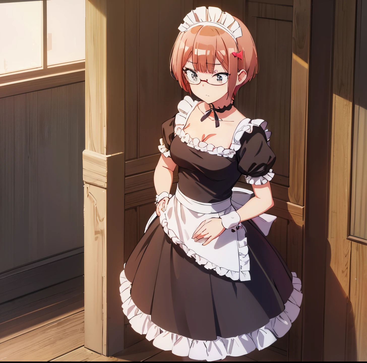 (extremely detailed CG unity 8k wallpaper), (masterpiece), (best quality), (ultra-detailed), (best illustration), (best shadow), (absurdres), 1girl, solo, ogata rizu, maid, maid headdress, choker, wrist cuffs, short sleeves, cleavage, looking down, hands on hips, arms crossed, indoors, cafe, standing