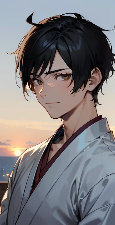 (((1boy))), ((Toned)), Male Focus, masutepiece, High quality, (masutepiece:1.2), (Best Quality:1.2), shiny, Realistic, ornate, intricate skin, ((Black hair)), (Short hair), Brown eyes, hair_stick, Hot_Boy, Japanese_Clothes, Solo, base of ear, sad eyes, looking at the horizon, Constricted pupils, Dynamic Pose, (shadows cast over face:1.3), Sexy smile, (Upper body),mullet hairstyle