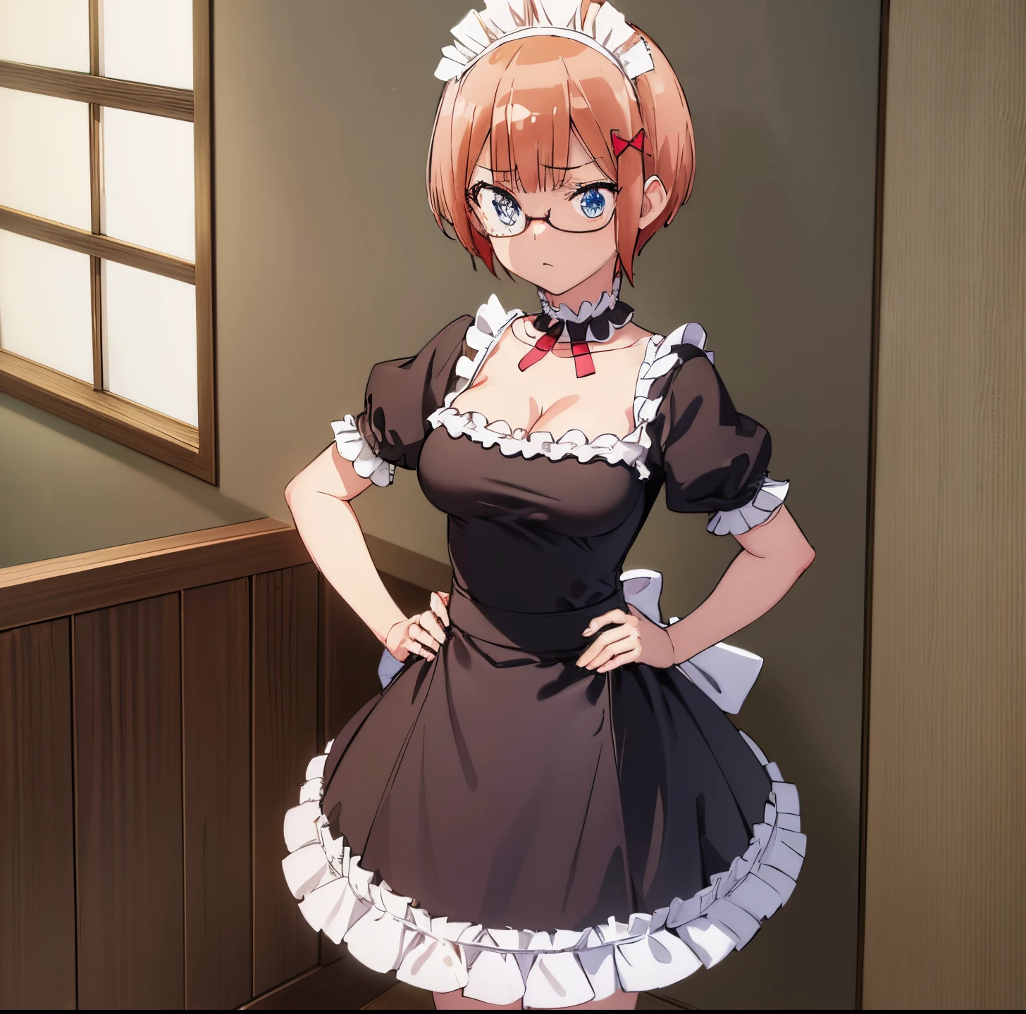 (extremely detailed CG unity 8k wallpaper), (masterpiece), (best quality), (ultra-detailed), (best illustration), (best shadow), (absurdres), 1girl, solo, ogata rizu, maid, maid headdress, choker, wrist cuffs, short sleeves, cleavage, looking down, hands on hips, arms crossed, indoors, cafe, standing