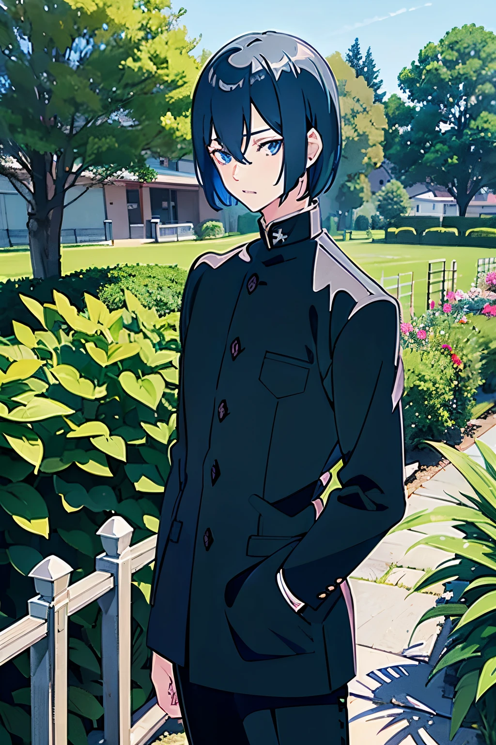 garoto jovem, blue hair, bob hair cut, blue eyes, wearing black student outfits, black gakuran, anime boy, shy face, in a garden, shy face, cute anime pose, hd, masterpiece, best quality, grey filter, 4k, anime, 8k