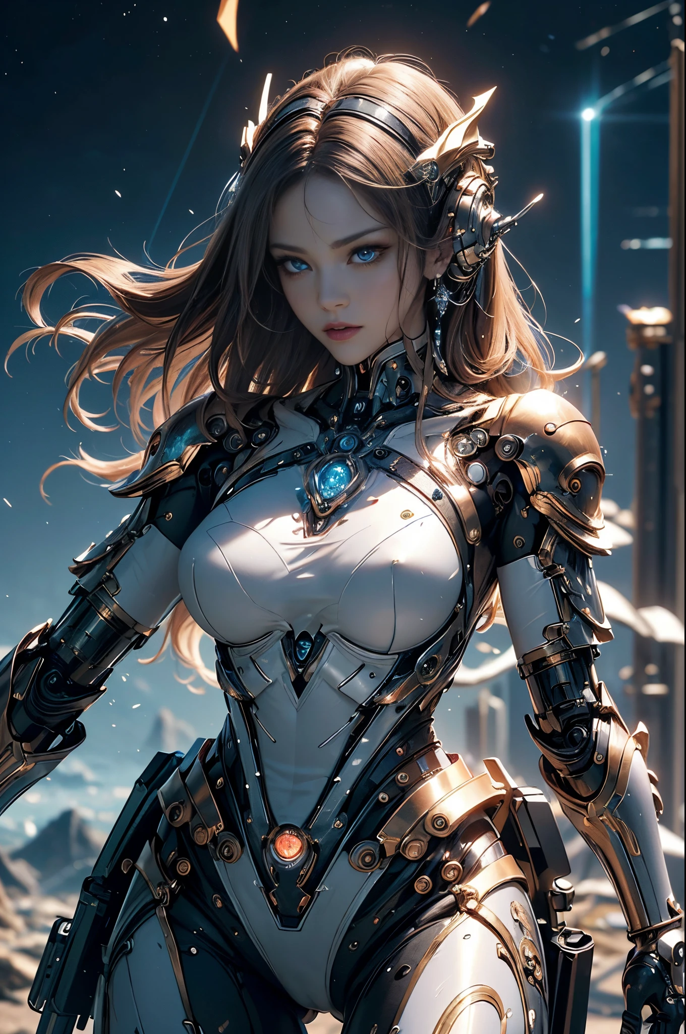 intricate ornate anime cgi style, super detailed fantasy characters, 4K highly detailed digital art, karol bak uhd, cyborg goddess in cosmos, beautiful digital works of art, 2. 5 d cgi anime fantasy artwork, Goddess. extremely high detail, portrait of cyborg queen, extremely detailed goddess shot, Half body machine, Inorganic, Next generation high performance cyborg, Goddess of Machines, The perfect cyborg, ultimate replicant, A masterpiece created by ultra-high performance AI, ultimate weapon, Best Quality, Perfect Angle, perfect-composition, sharp outline, Best Shots, perfect shapes, perfect model style, Very beautiful and detailed eyes, Hollow eyes, blue eyes without pupils