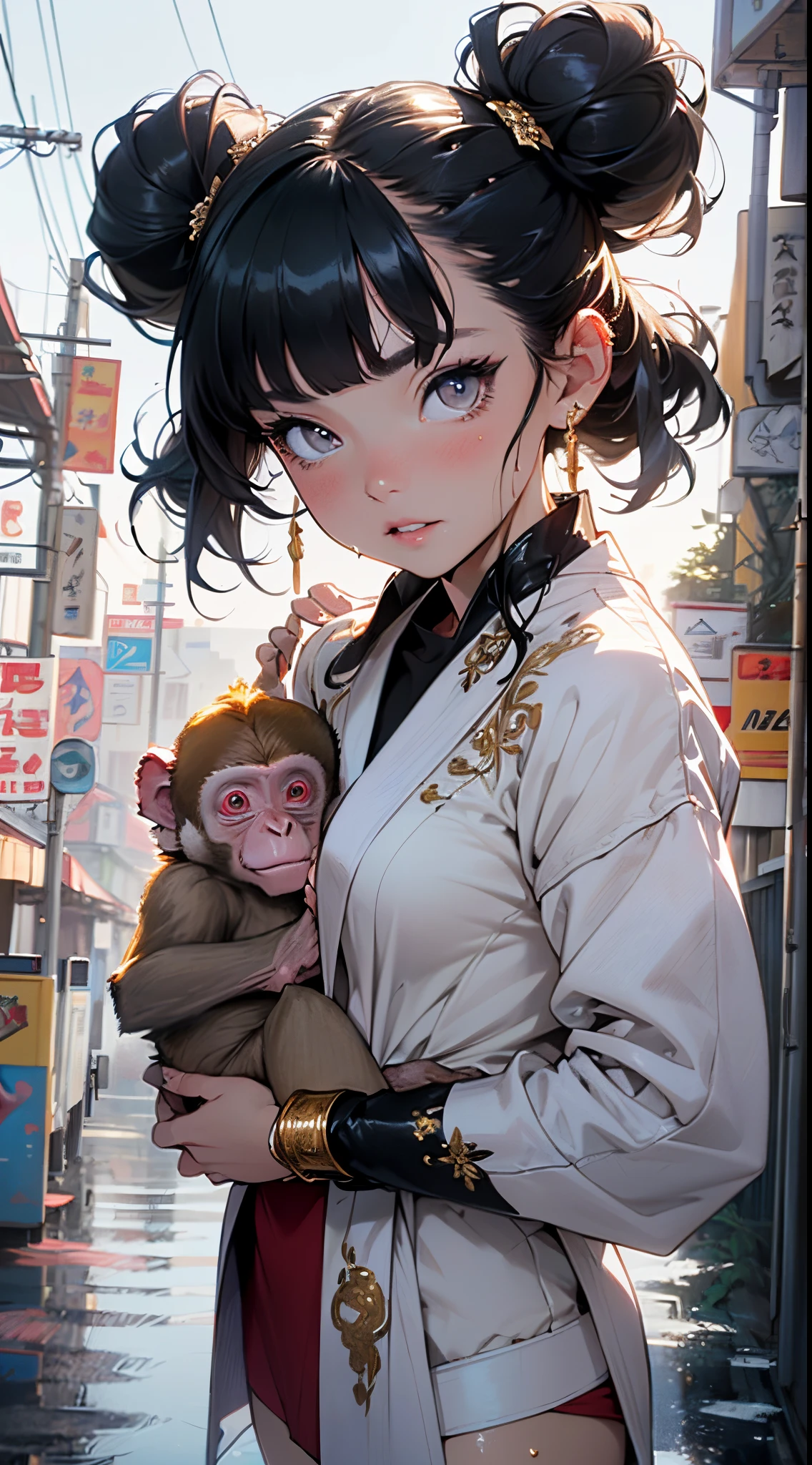 cute li,(((little loli,smaltiny body,petite,chibi))),(((6 years old))e loli with extte and beautiful black hair)),(baby face), (round face),bit l loli,smallunderboob,
(((flat chest)))((black hair:1.5,Qi bangs,double bun hair,colored inner hair,ear breathing))),((heterochromia:1.5, (pink_eye and gold_eye))),intricate eyes,beautiful detailed eyes,symmetrical eyes,big eyes:1.5,(((lustrous skin:1.5,bright skin: 1.5,skin tanned,shiny skin,very shiny skin,shiny body,plastic glitter skin,exaggerated shiny skin,illuminated skin,wet legs))),(detailed body,(detailed face)),
cute,slutty,erotic,((nsfw)),
zettai ryouiki,(revealing clothing,show skin),(((white dressing gown,Gold wire embroidery))),((carry a stuffed monkey:1.5)),((wet clothes,intricate outfit,intricate clothes)),
(dynamic pose:1.0),embarrassed,(centered,scale to fit dimensions,Rule of thirds),
cyberpunk city by the ocean at night, with bright neon signs and dark stormy clouds and puddles, scenery:1.25,nighttime, starry night, cosmos,Very dark night that makes the neon lights stand out, very bright neon lights,nighttime, starry night, cosmos,
artistic photography,(photography taken by sldr),highres, sharp focus,(ultra detailed, extremely detailed), (photorealistic artwork:1.37),(extremely detailed CG unity 8k wallpaper),((synthwave background theme)),(((vibrant colors))),intricate,(intricate background),(masterpiece),(best quality),perfect rendered face,perfect face details,realistic face,photo realistic,analog style,((intricate detail)),(((realism))),