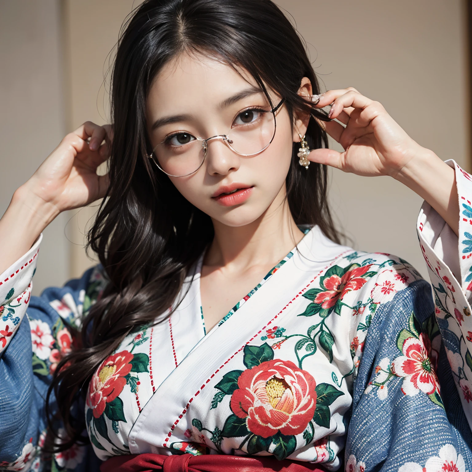 Best-quality, Masterpiece, Ultra-High-Resolution, (Photorealistic:1.4), Raw-Photo, Extremely-Details, Perfect-Anatomy, 1girl, 40-years-old, the most popular Japanese actress, face focus, beautiful smile, wearing gorgeous colorful Japanese KIMONO, put on glasses with cool design, detailed gorgeous colorful Japanese KIMONO, detailed glasses with cool design, looking at viewer, extremely beautiful face with glasses like a most famous Japanese actress, extremely beautiful big black solid circle eyes, extremely beautiful black hair, extremely beautiful white skins, extremely beautiful lips, extremely beautiful long eyelashes
