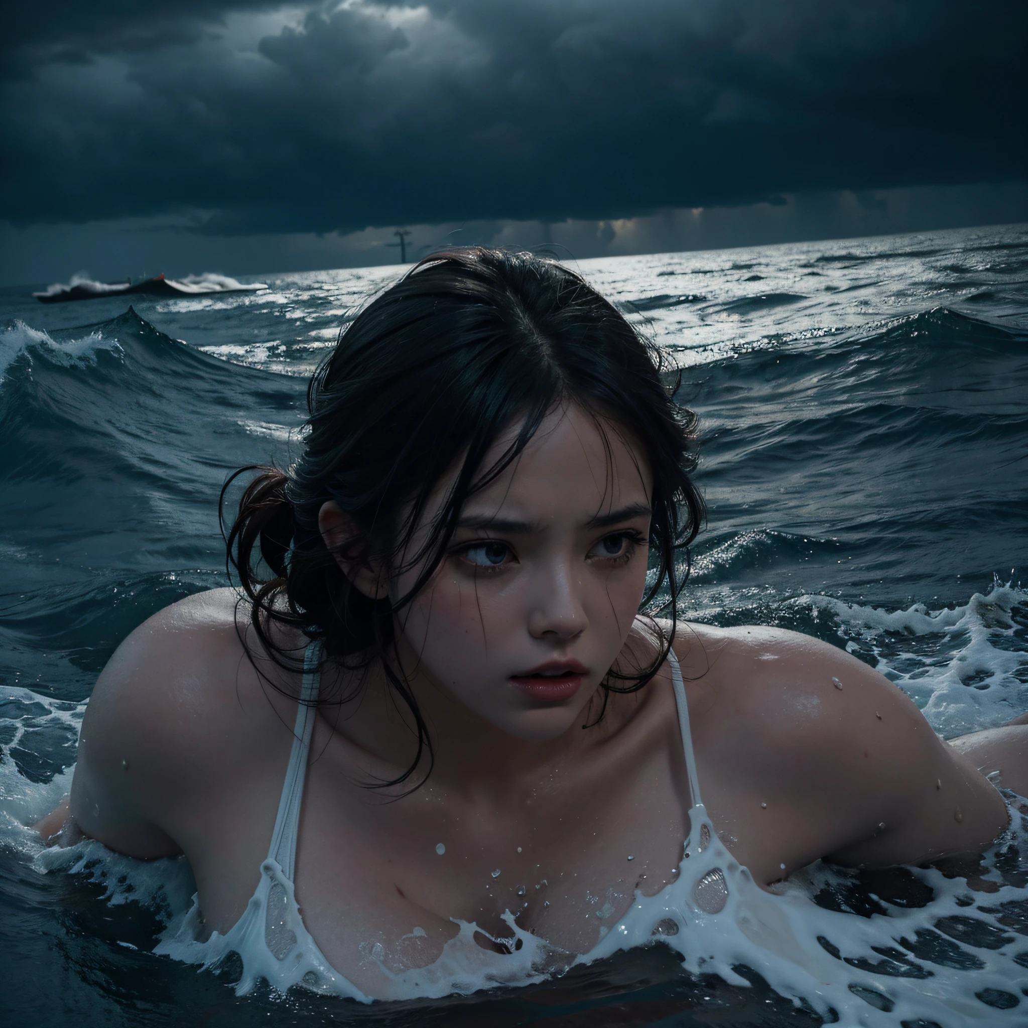 closeup shot of a woman drowning in the sea, shipwreck, dead bodies floating near her, a storm in the background, dark and moody environment, gasping for air, desperation,fear, anguish

  ultra hd., a professional movie photograph of, best quality, high quality, highres, highly detailed, cinematic lighting
((Realistic style))