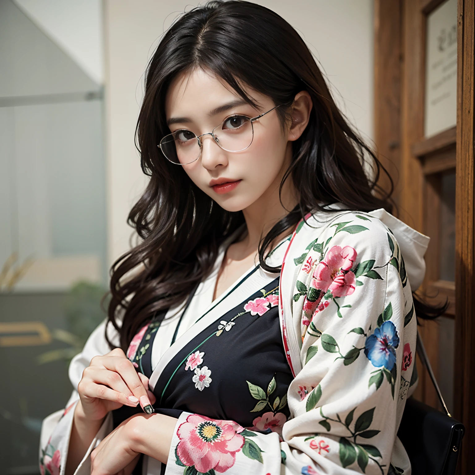 Best-quality, Masterpiece, Ultra-High-Resolution, (Photorealistic:1.4), Raw-Photo, Extremely-Details, Perfect-Anatomy, 1girl, 40-years-old, the most popular Japanese actress, face focus, beautiful smile, wearing gorgeous colorful Japanese KIMONO, put on glasses with cool design, detailed gorgeous colorful Japanese KIMONO, detailed glasses with cool design, looking at viewer, extremely beautiful face with glasses like a most famous Japanese actress, extremely beautiful big black solid circle eyes, extremely beautiful black hair, extremely beautiful white skins, extremely beautiful lips, extremely beautiful long eyelashes
