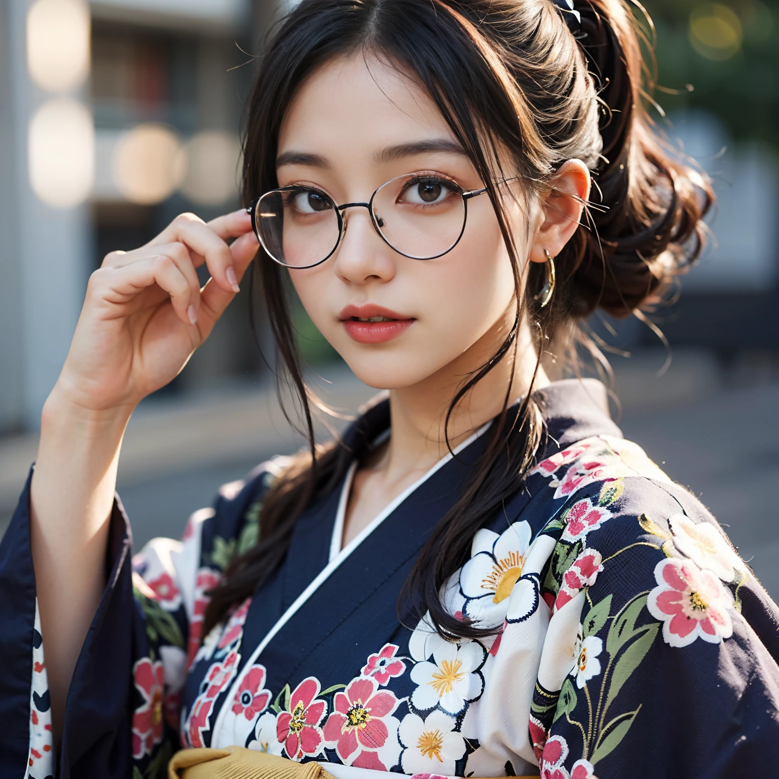 Best-quality, Masterpiece, Ultra-High-Resolution, (Photorealistic:1.4), Raw-Photo, Extremely-Details, Perfect-Anatomy, 1girl, 40-years-old, the most popular Japanese actress, face focus, beautiful smile, wearing gorgeous colorful Japanese KIMONO, put on glasses with cool design, detailed gorgeous colorful Japanese KIMONO, detailed glasses with cool design, looking at viewer, extremely beautiful face with glasses like a most famous Japanese actress, extremely beautiful big black solid circle eyes, extremely beautiful black hair, extremely beautiful white skins, extremely beautiful lips, extremely beautiful long eyelashes