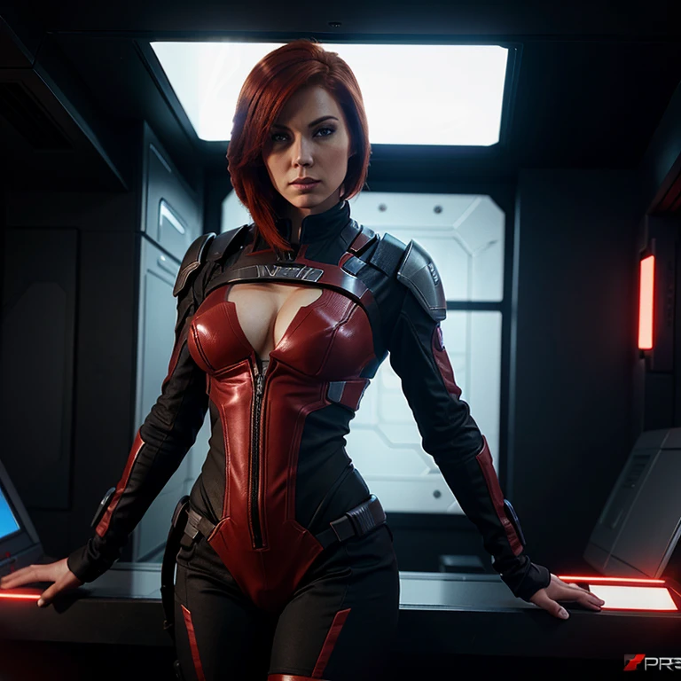 Red head femshep, mass effect, sexy pose, scifi background