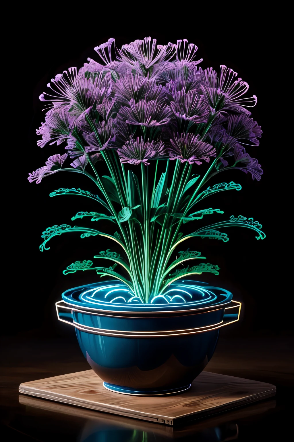 Magical flowers in a pot, starlight, neon_outlines