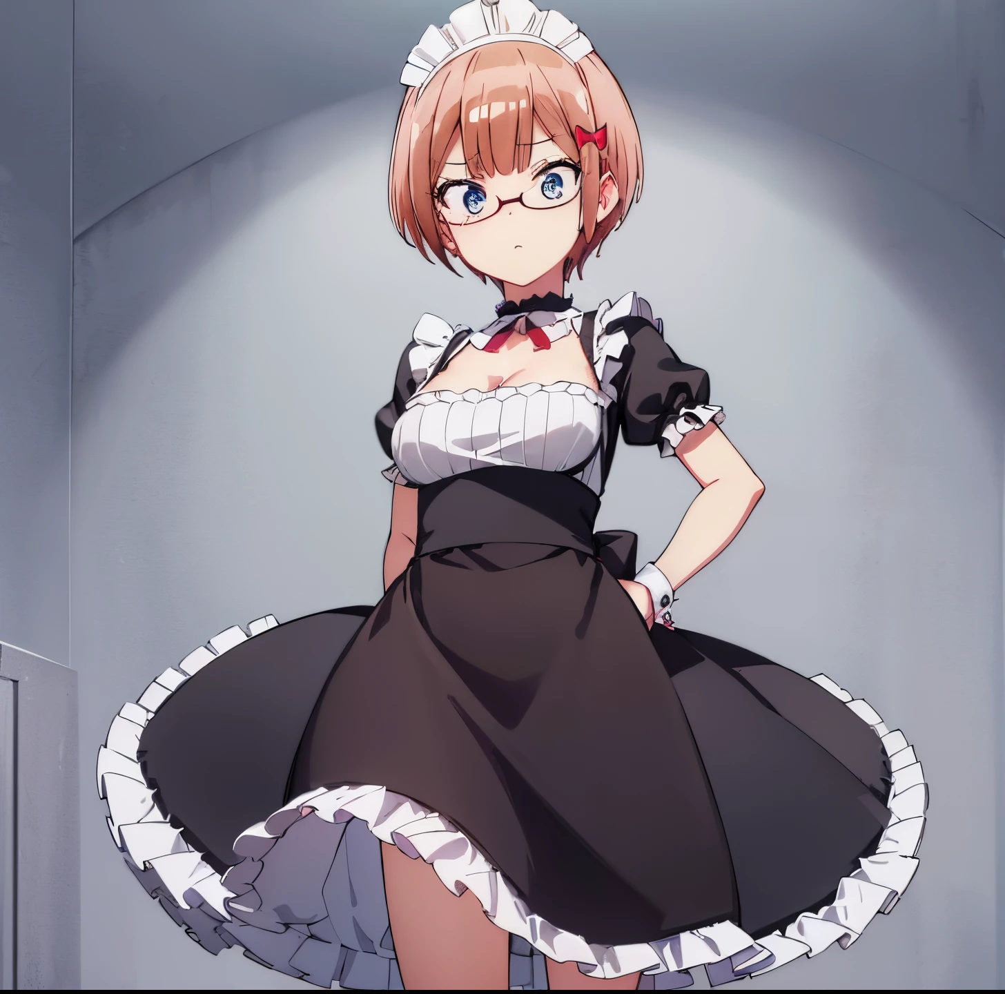 (extremely detailed CG unity 8k wallpaper), (masterpiece), (best quality), (ultra-detailed), (best illustration), (best shadow), (absurdres), 1girl, solo, ogata rizu, maid, maid headdress, choker, wrist cuffs, short sleeves, cleavage, looking down, hands on hips, arms crossed, indoors, cafe, standing