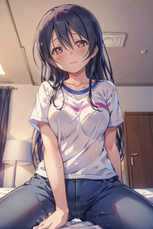 (((pixel perfect, Detail Perfect))), Solo, 1girl in, Umi Sonoda, Looking at Viewer, Sweat, Heart-shaped pupil, cum on, nedium breasts,
Half closed eyes, blush,
view the viewer, From below, Focus, straddling particles of light, Love hotel bedroom, garments(tshirts,String pants),