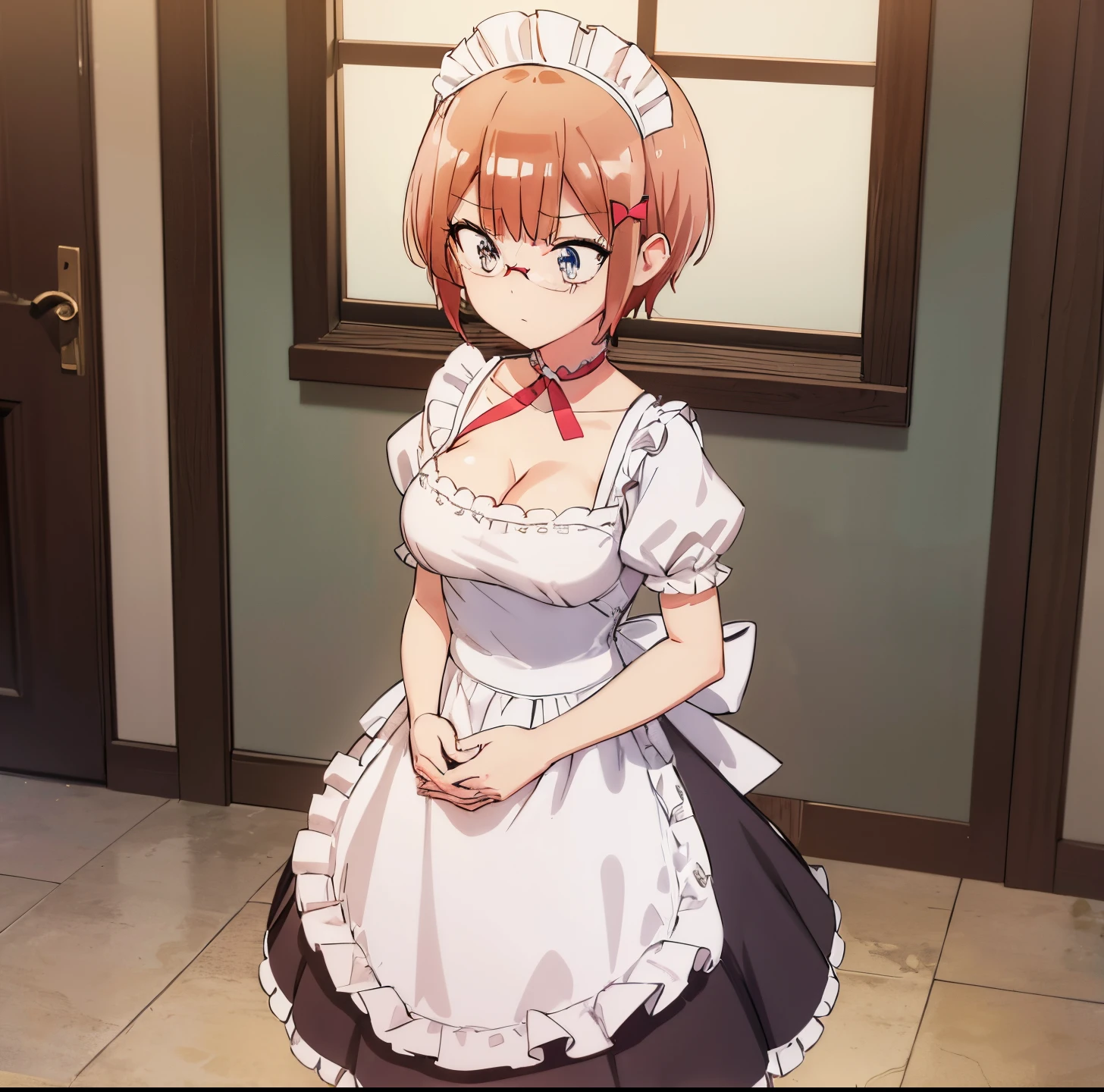 (extremely detailed CG unity 8k wallpaper), (masterpiece), (best quality), (ultra-detailed), (best illustration), (best shadow), (absurdres), 1girl, solo, ogata rizu, maid, maid headdress, choker, wrist cuffs, short sleeves, cleavage, looking down, hands on hips, arms crossed, indoors, cafe, standing