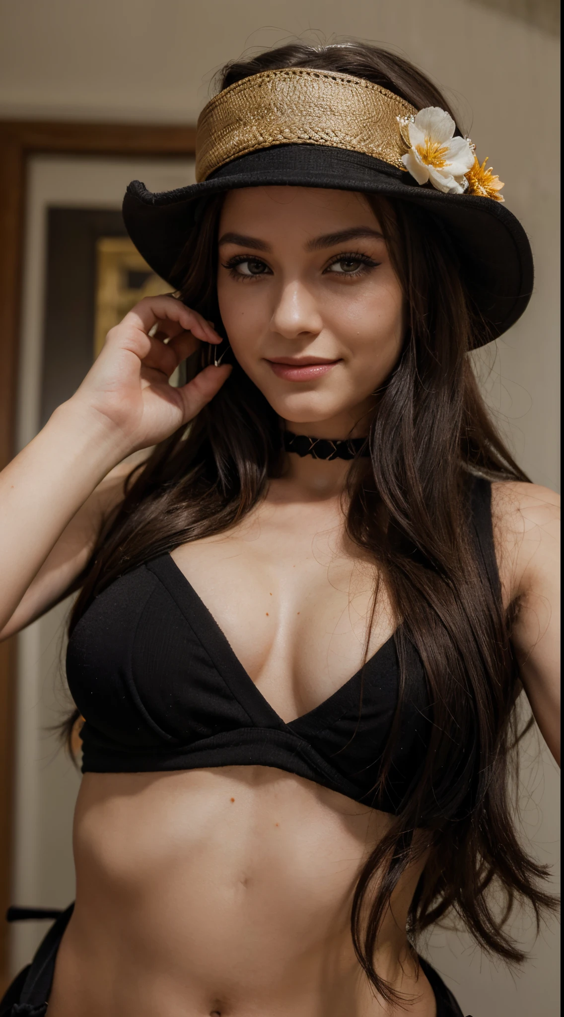 seductive smile, tokin hat, hair flower, dilated pupils, makeup, depth of field, masterpiece, super detail, high quality, highres, selfie, womam, black cropped