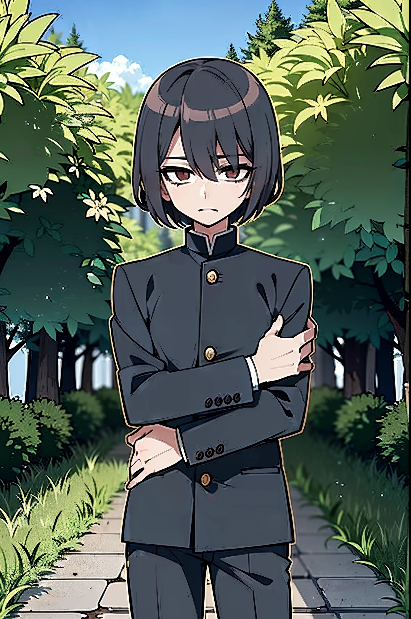 garoto jovem, cabelos azuis, corte de cabelo bob, olhos azuis, vestindo roupas pretas de estudante, uniforme gakuran preto , anime, shy face, em um jardim, shy face, pose anime bonito, disco Rigido, master part, best quality, filtro cinza, 4k, anime, 8k, best quality,