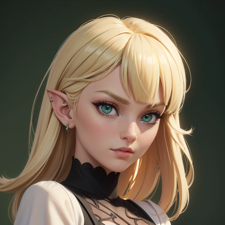 cute white woman, blonde hair with bangs, green eyes, pointy ears. dressed in black t-shirt, nose piercing. utilize a green color palette. apply the digital painting technique to add dept, intricate details.