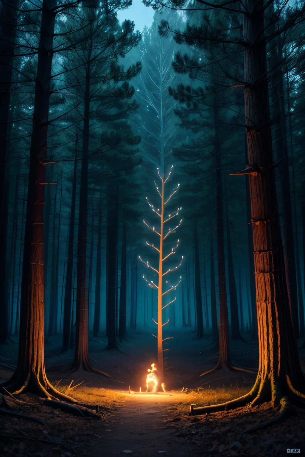 Magical flowers in a forest, starlight, neon_outlines