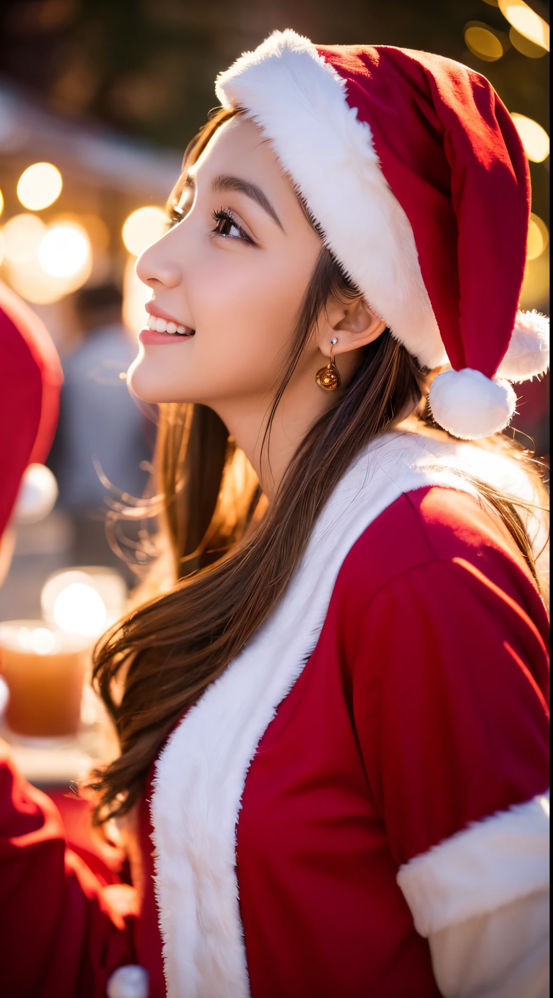 (((Santa Claus Costume))),(((Looking at Viewer:1.5))),(((Shooting a girl from the side))),ulzzang -6500-v1.1, (Raw photo:1.2), (photographrealistic:1.4), a beautiful detailed girl, extremely detailed eye and face, Beautiful detailed eyes, Ultra-detailed, High resolution, top-quality, ​masterpiece, Highly detailed, 8K Wallpaper, Wonderful, finely detail, top-quality, Light on the Face,电影灯光,1girl in,(Christmas market in Stuttgart),Beautiful eyes,Smile,Opening Mouth