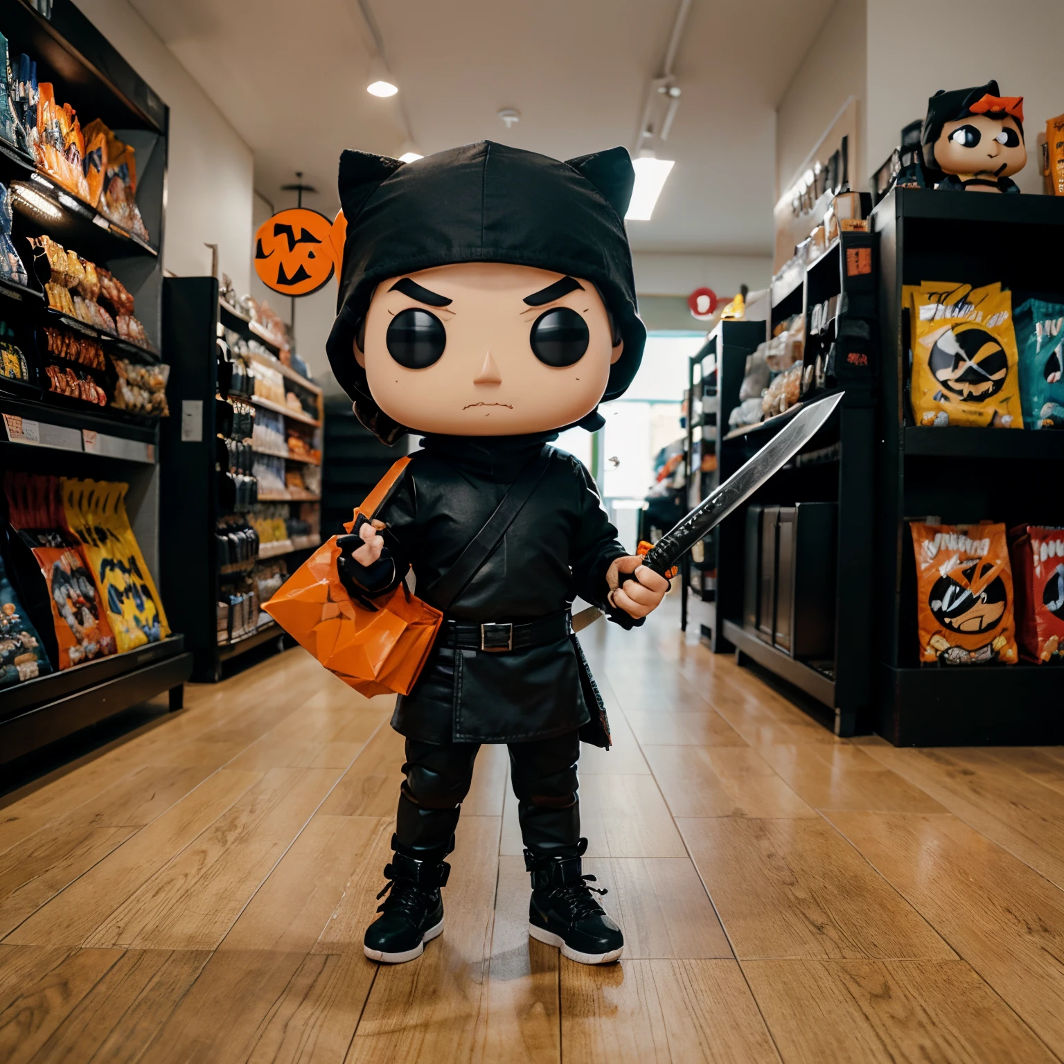 create a funko pop style ninja with shopping bags in one hand and a sword in the other, dressed all in black and the color of the bag orange