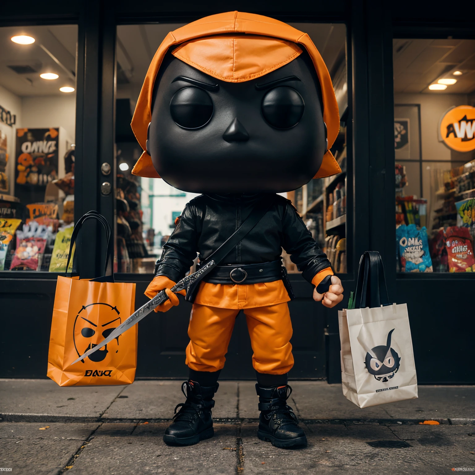 create a funko pop style ninja with shopping bags in one hand and a sword in the other, dressed all in black and the color of the bag orange