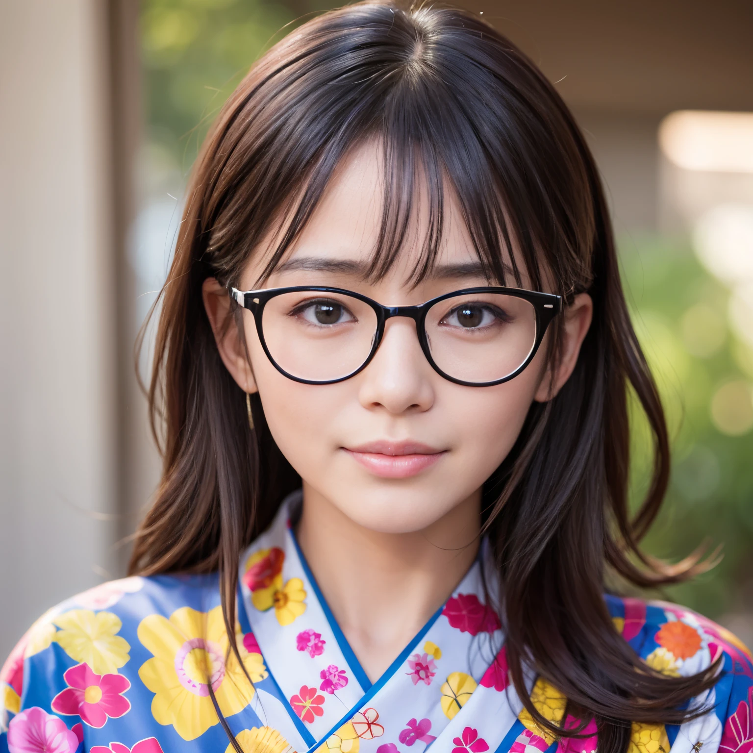 Best-quality, Masterpiece, Ultra-High-Resolution, (Photorealistic:1.4), Raw-Photo, Extremely-Details, Perfect-Anatomy, 1girl, 40-years-old, the most popular Japanese actress, face focus, beautiful smile, wearing gorgeous colorful Japanese KIMONO, put on glasses with cool design, detailed gorgeous colorful Japanese KIMONO, detailed glasses with cool design, looking at viewer, extremely beautiful face with glasses like a most famous Japanese actress, extremely beautiful big black solid circle eyes, extremely beautiful black hair, extremely beautiful white skins, extremely beautiful lips, extremely beautiful long eyelashes