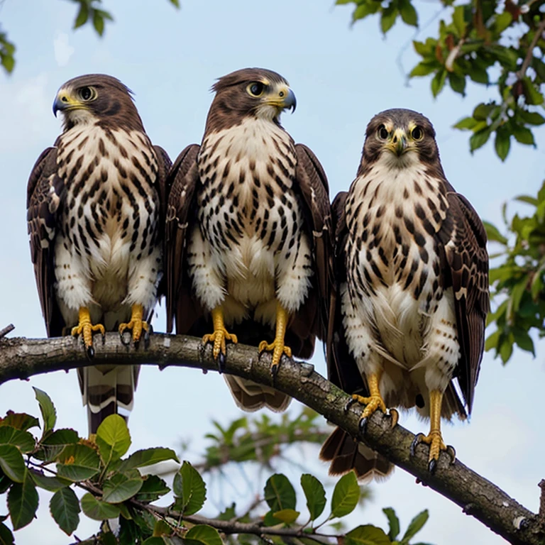 three falcons on a branch