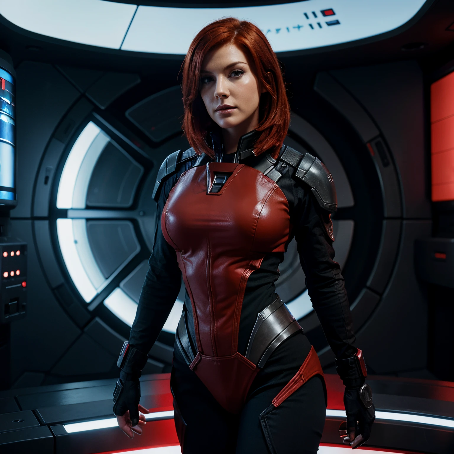 Red head femshep, mass effect, sexy pose, scifi background