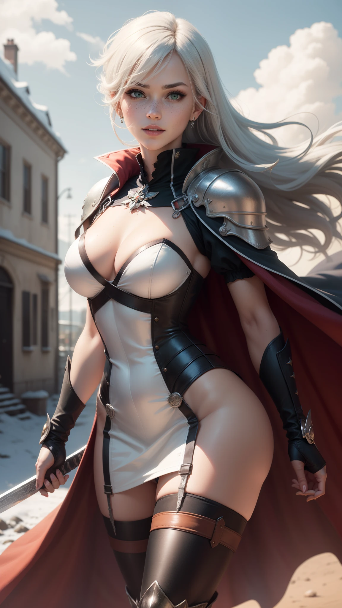 gwen tennyson,yorha 2b,tracer,claire farron,1girl,overwatch,atelier ryza,close up,battlefield view,tattoos,royal red and white plugsuit,white short sleeve knight top,short sleeve knight full plate armor,long white knight skirt,steel knight corset,long hair,princess makeup,green eyes,multicolored silver hair,long dress train,sexy smile,freckles,beautiful girl, knight thigh high boots,big breasts,8k, ultra detailed,realistic,fantasy art,silver knight uniform,queen gown dress,hair pin,ear piercings,snowflake hand and neck jewelry,(weather:windy),long gray knight cape,holding a sword on each hand,(pose:sword raised ready to attack),