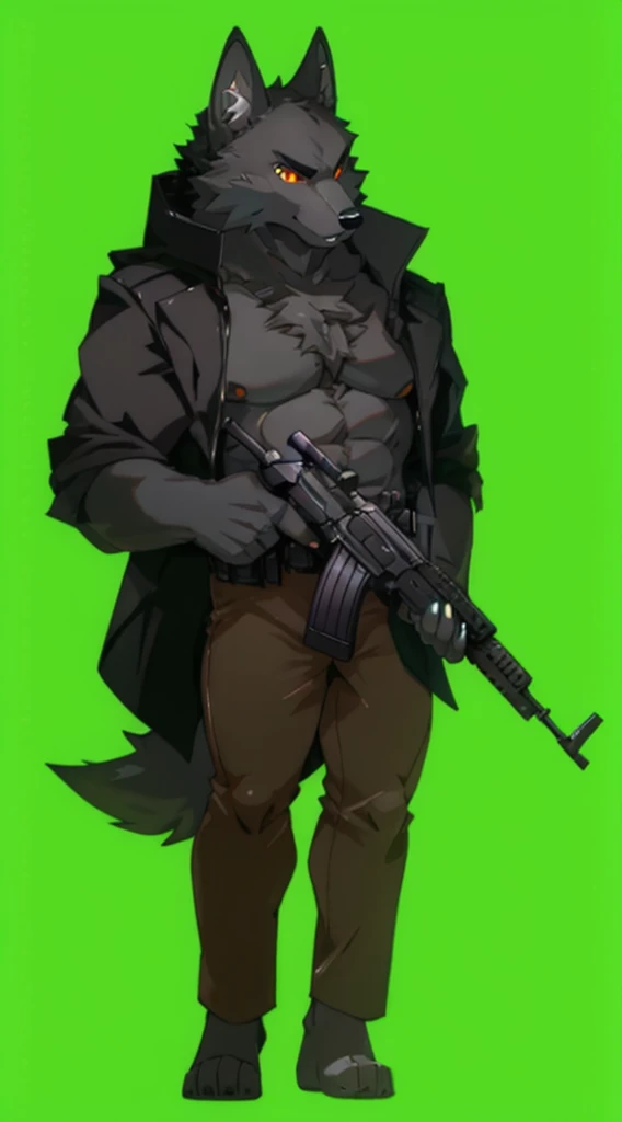 Black fur anthro wolf, (orange eyes (red pupil(black line in the middle of pupil))), short earlack ears), (detailed (holding assault rifle (black assault riffle) with two hand (black paws))), (wearing (black jacket (no accesory on jacket) (muscular black fur chest uncovered)), (dark pants), no shoes). Hd quality, good quality, 4k, hd resolution.