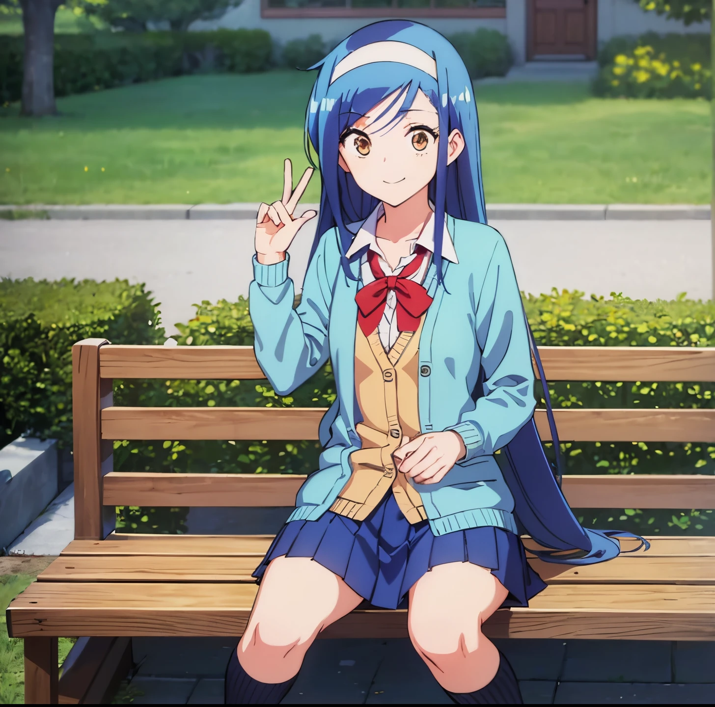 (masterpiece, best quality),   fumino furuhashi, white hairband, long hair, blue_hair, ((ambar_eyes)), full body, school uniform, pleated skirt, slim body, flat chest, smile, (aqua cardigan, sweater:1.2), (brown skirt:1.2), black kneehighs, sitting, v sign,