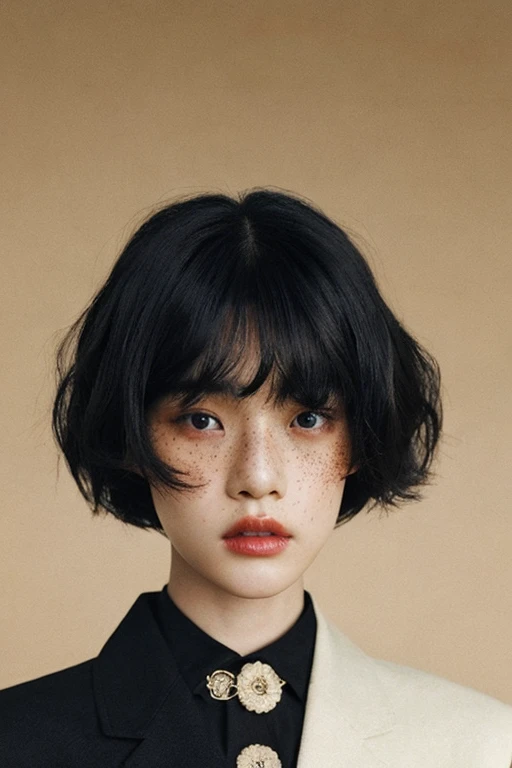 women are beige,a 20 yo woman、Pattsun bangs、A face with lots of freckles、Wearing black clothes、Retro、Fashion Editorial