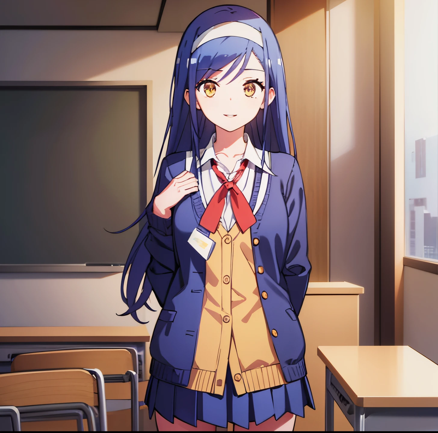 (extremely detailed CG unity 8k wallpaper), (masterpiece), (best quality), (ultra-detailed), (best illustration), (best shadow), (absurdres), 1girl, alone,  furuhashi fumino, small breasts, school uniform, blue cardigan, pleated skirt, brown skirt, miniskirt, ribbon, white headband, black kneehighs, arms behind back, classroom, detailed background, looking at viewer, smile, parted lips