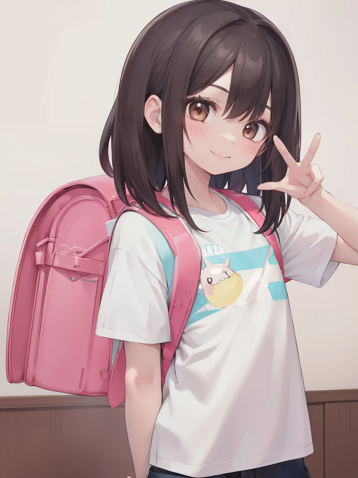 1girl, masterpiece, best quality,looking at viewer, ,oversized t-shirt,front view,smile,black hair, headphine, indoors,brown eyes,center, smile, wearing  randoseru backpack, (randoseru backpack:1.0), 20 y.o