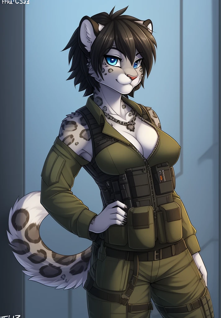 by fluff-kevlar, (best quality, masterpiece:1), solo, anthro, furry, female, ((Snow Leopard)), blue eyes, black hair, short hair, portrait, fingers, finger claws, looking at viewer, snow leopard tail, ((huge tuft of hair on the chest)), ((military gear)), ((Military uniform)), ((fully clothed)), ((medium breasts)), (tactical vest), ((Sig-552))