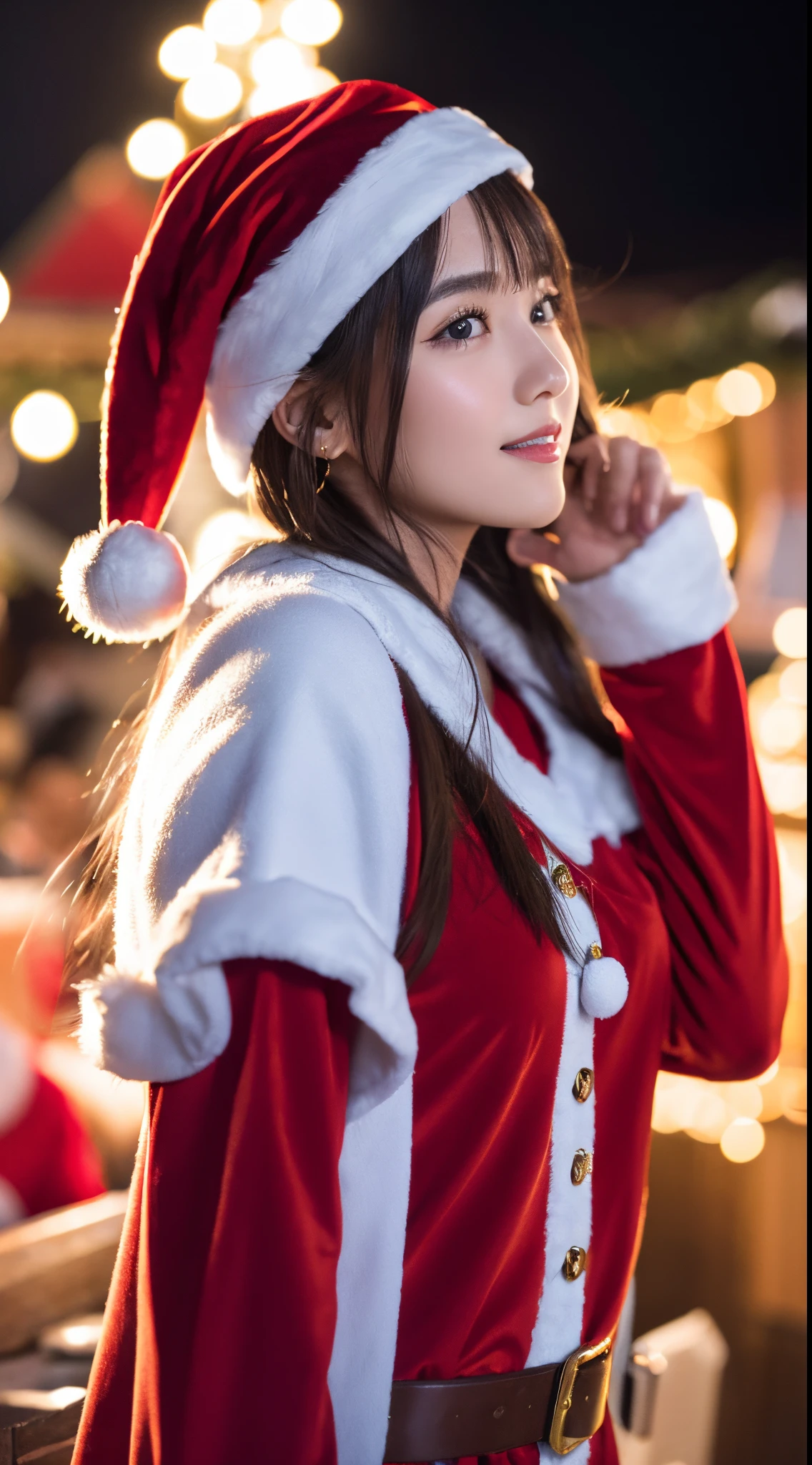 (((Santa Claus Costume))),(((Looking at Viewer:1.5))),(((Shooting a girl from the side))),ulzzang -6500-v1.1, (Raw photo:1.2), (photographrealistic:1.4), a beautiful detailed girl, extremely detailed eye and face, Beautiful detailed eyes, Ultra-detailed, High resolution, top-quality, ​masterpiece, Highly detailed, 8K Wallpaper, Wonderful, finely detail, top-quality, Light on the Face,电影灯光,1girl in,(Christmas market in Stuttgart),Beautiful eyes,Smile,Opening Mouth