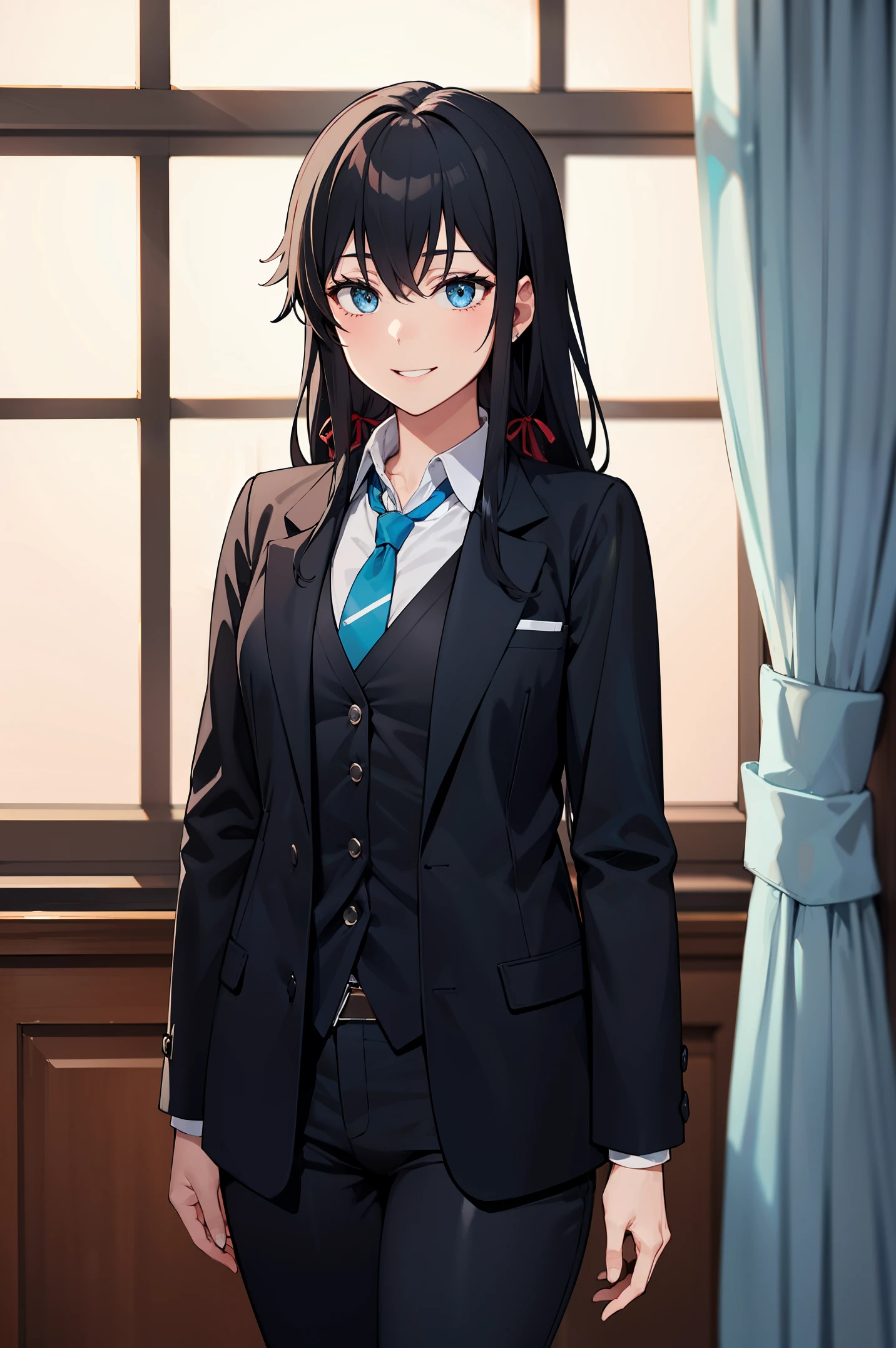Yukinoshita Yukino ,Woman wearing formal clothes, An attractive coat stands in a large gap in the room , 1girl, 独奏, blue necktie, Black hair, eyes blue, long hair, smile , collared shirt, white pants, white shirt , Elegantly designed coat , Stand in front of a window ,Elegantly designed coat . It has a stunning Victorian design and is made of lustrous fabric