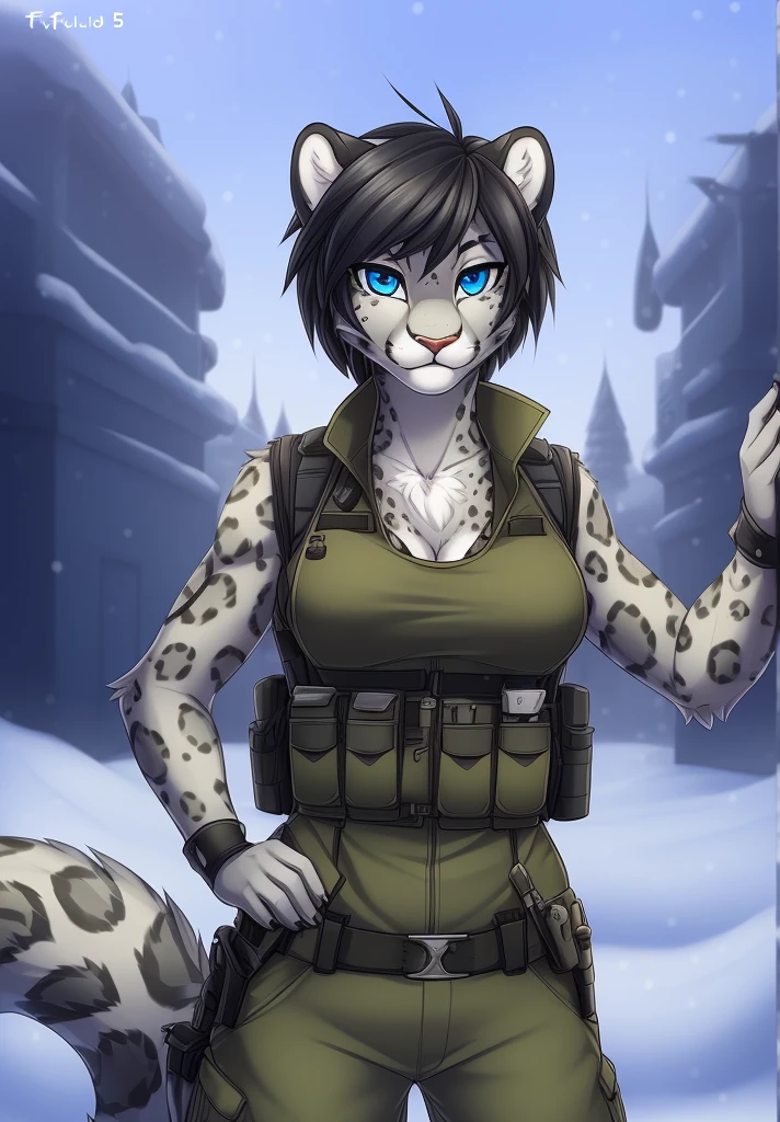 by fluff-kevlar, (best quality, masterpiece:1), solo, anthro, furry, female, ((Snow Leopard)), blue eyes, black hair, short hair, portrait, fingers, finger claws, looking at viewer, snow leopard tail, ((huge tuft of hair on the chest)), ((military gear)), ((fully clothed)), ((medium breasts)), (tactical vest), ((Sig-552))