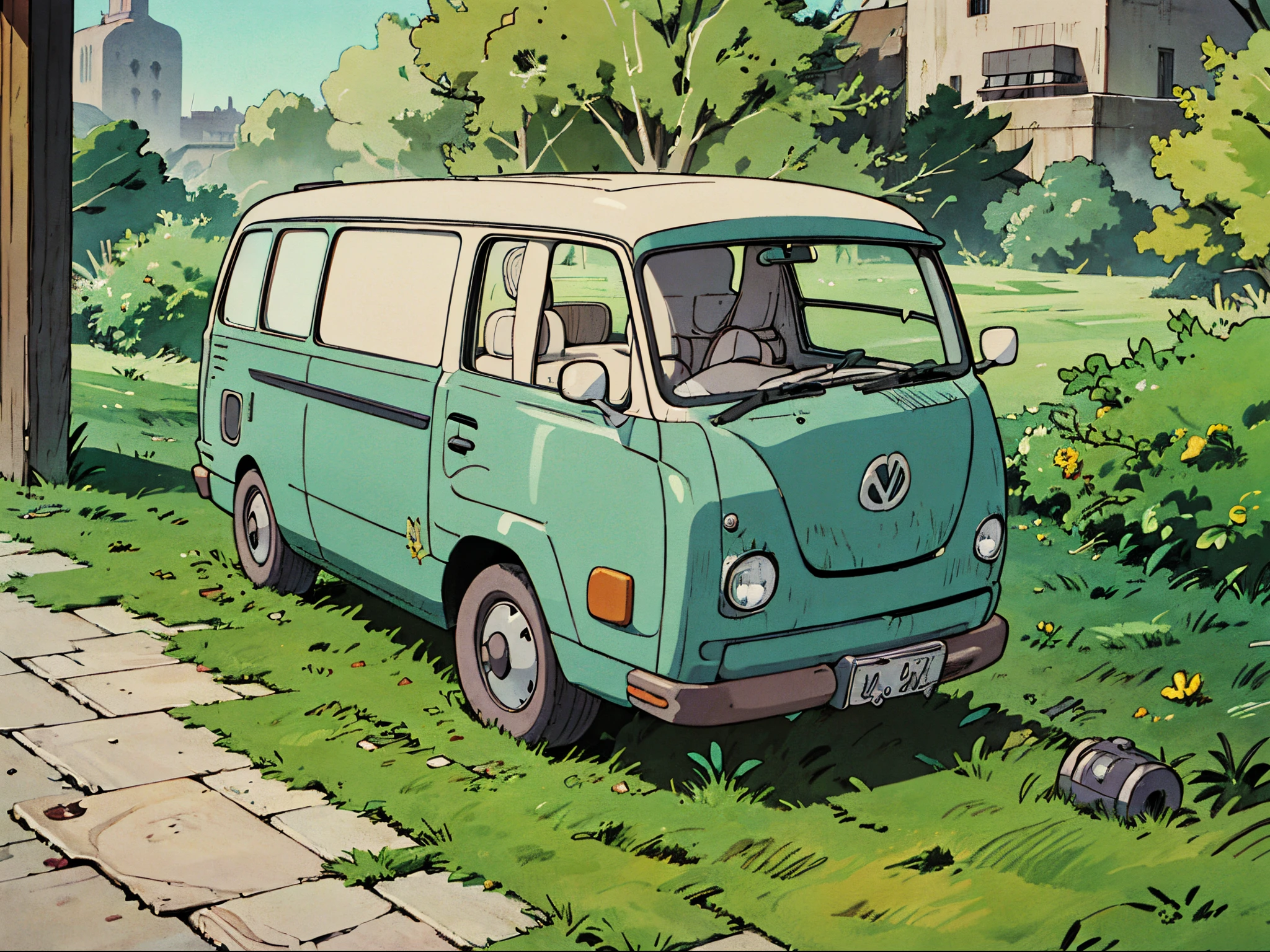 kombi verde abandonado, ferro velho, ferrugem, lixo. neighborhood. Patio with grass. clima de halloween. Fundo do anime. manga page. master-piece