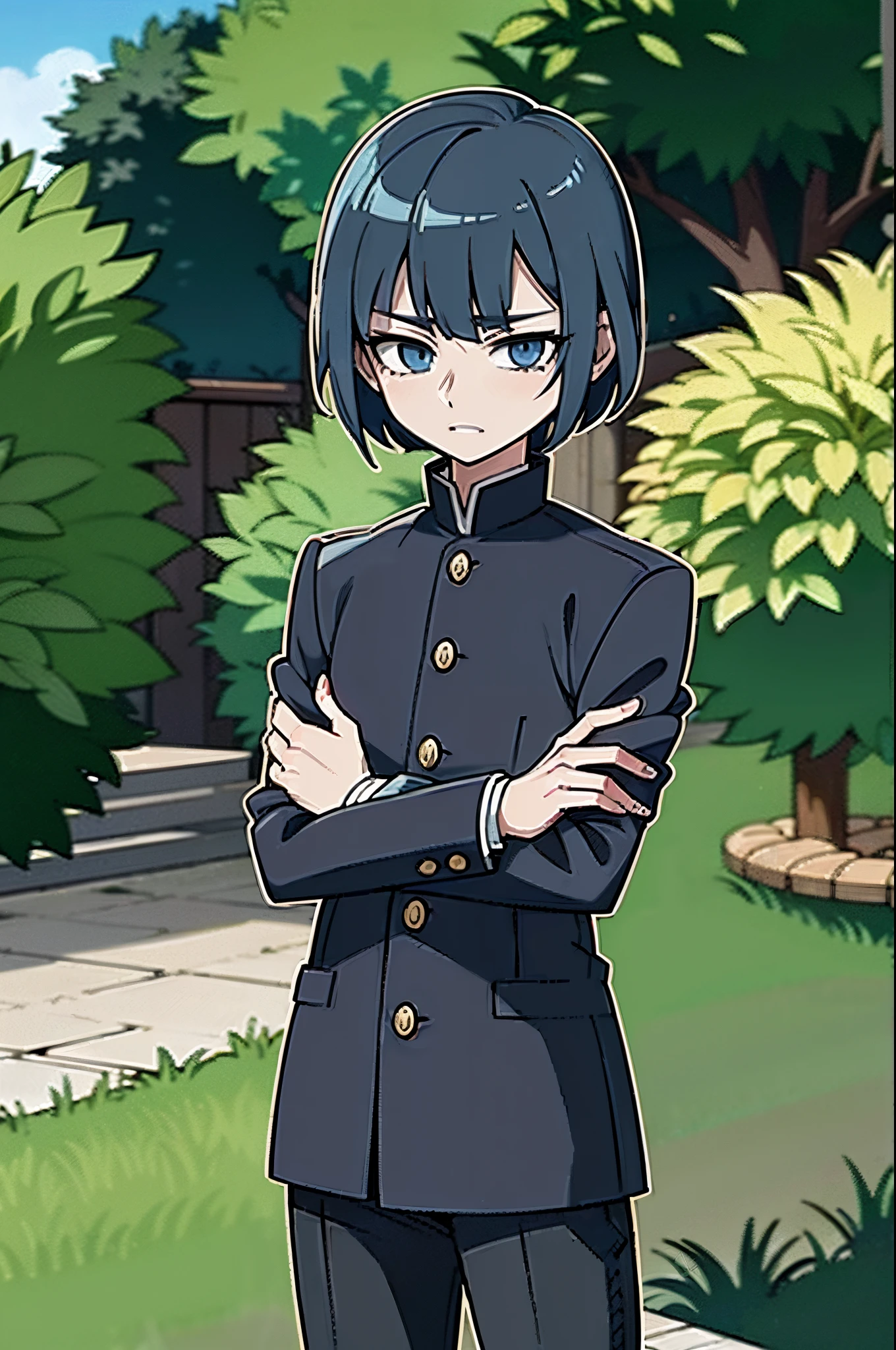 garoto jovem, blue hair, bob hair cut, blue eyes, wearing black student outfits, black gakuran, anime boy, shy face, in a garden, shy face, cute anime pose, hd, masterpiece, best quality, grey filter, 4k, anime, 8k, black lines