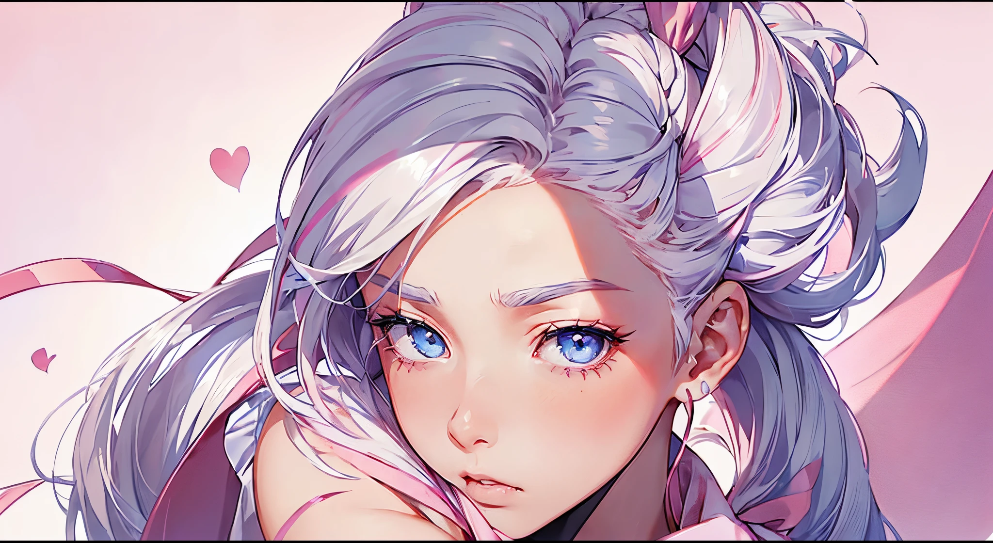 (((White hair)))、Blue eyes((((ponytail on the side))))、(((Hair is raging)))、(((Pink ribbon on hair)))、Throwing Kisses