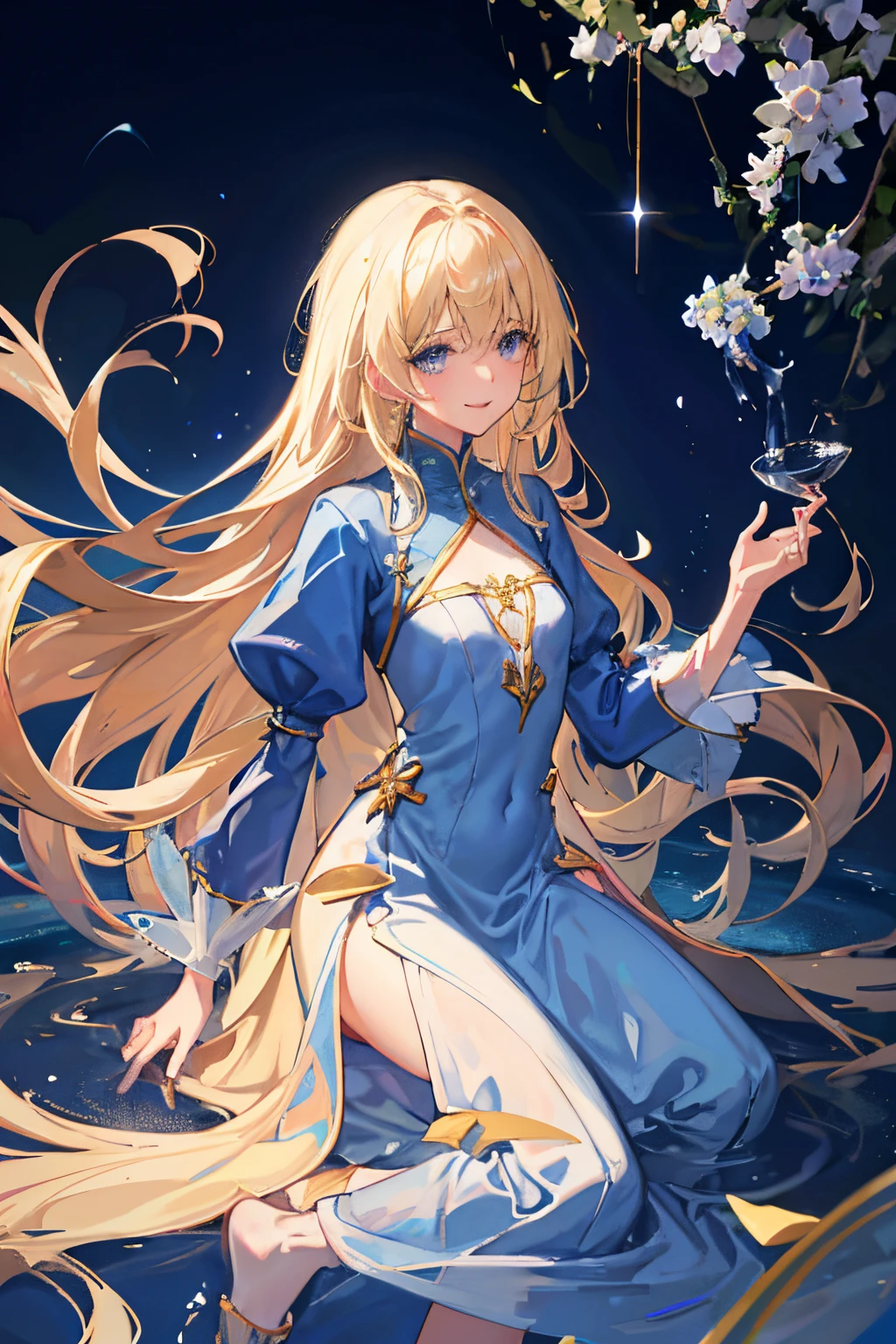 1 person、1 girl in,blondehair、a blond、blue eyess、Saint a girl、healer、doa、smil、long、straight haired、Light blue dress、long  skirt、tiny chest、Fantasia、Anime Art、the royal palace、Clear illustrations,